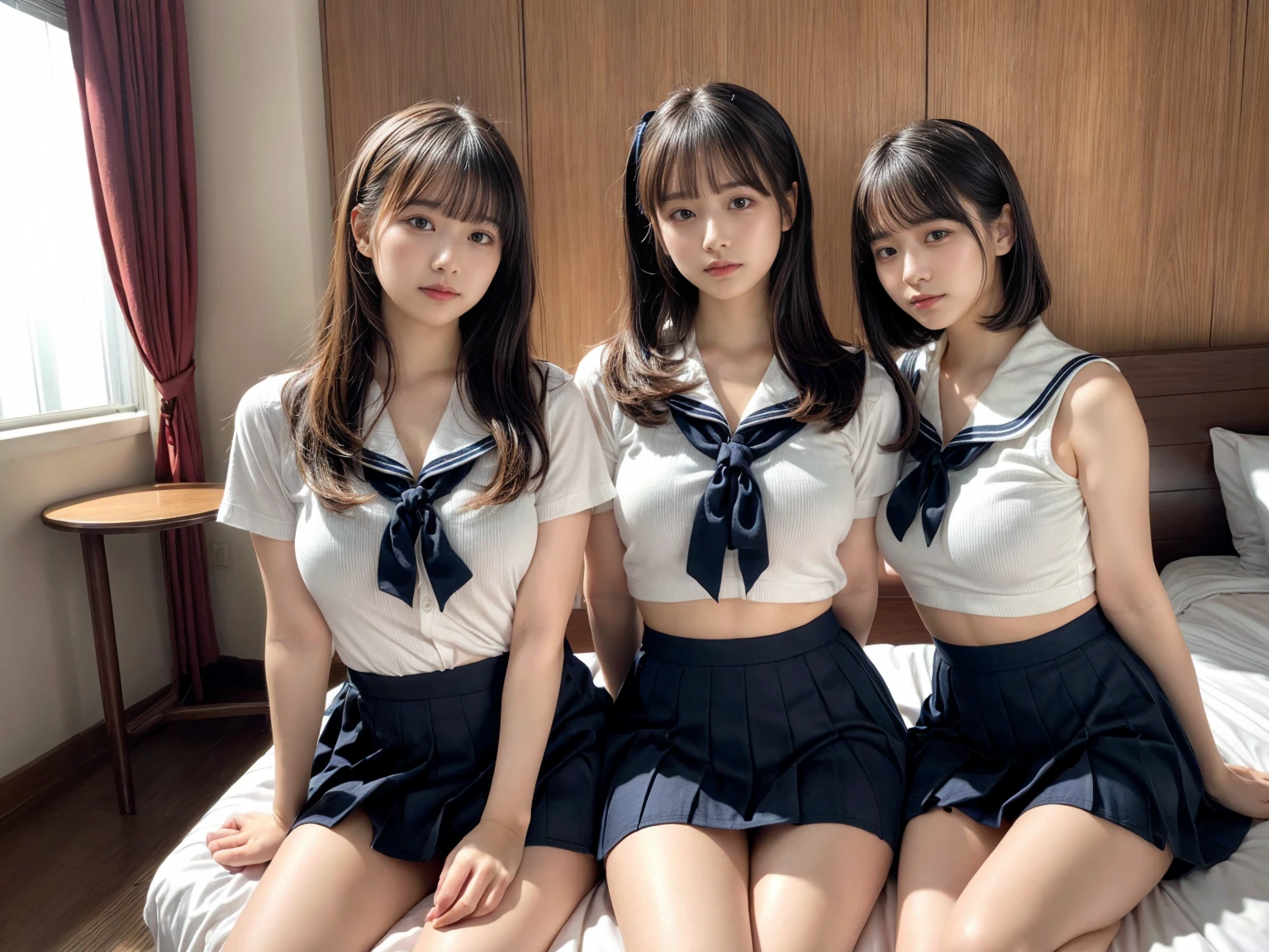 masterpiece, best quality, illustration, Super detailed, fine details, High resolution, 8K,wall paper, perfect dynamic composition,(Details High quality, realistic depiction of eyes:1.3), (3 girls), Black Sailor Uniform, serafuku, Navy pleated skirt, sitting, open legs, short bob hair, in a hotel room in the background, deep on field, large breasts, black hair color, Big Natural Color Lip, (perfect body shape), crying a little、Harajuku style、20 year old girl、cute type、beautiful legs, Gravure Idol