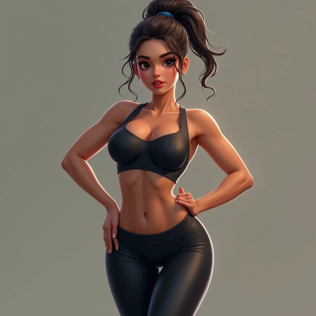 Beautiful woman with curvy figure, wet body, very detailed face and skin texture, Runner athlete, detailled eyes, LEGGINGS HOSEN, Dutt-Haar, Little messy hair, large chest,bubble butt, high resolution, photorealestic