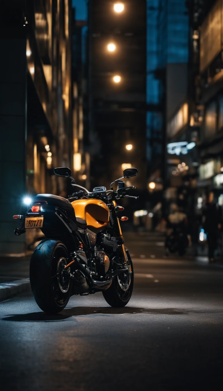 Motorcycle with two front wheels, sporty style, parked in a Japanese city atmosphere, Shibuya at night, sleek night lights, high quality image, beautiful colors, realistic image.