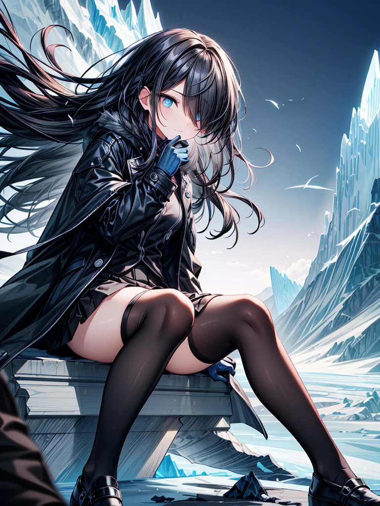 ((spread legs, sitting)),((Celestial Glacier)),((show panties)),((Highest quality)),((black micro mini length skirt)),((alone)),((Deep blue pupils)),((sparkling eyes)),(Beautiful Blue Eyes),((Wearing a black coat)),(((Wearing black tights))),(Slim body),((length, Shiny black hair)),((Her hair is parted, and you can see her eyes through it)),((Wearing black gloves)),((hair over one eye,long hair)),((Complex background)),((Hair blowing in the wind),((falling))