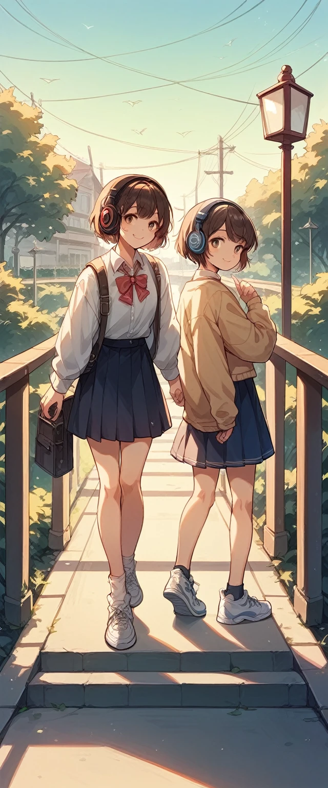 high school girl、Shortcuts、Headphones、LoFi、2D Animation、skirt and top, on bridge, daytime beautiful soft, white sneakers, enjoying view, another side looking,not close, distance, smile face, bridge with street light, daytime 