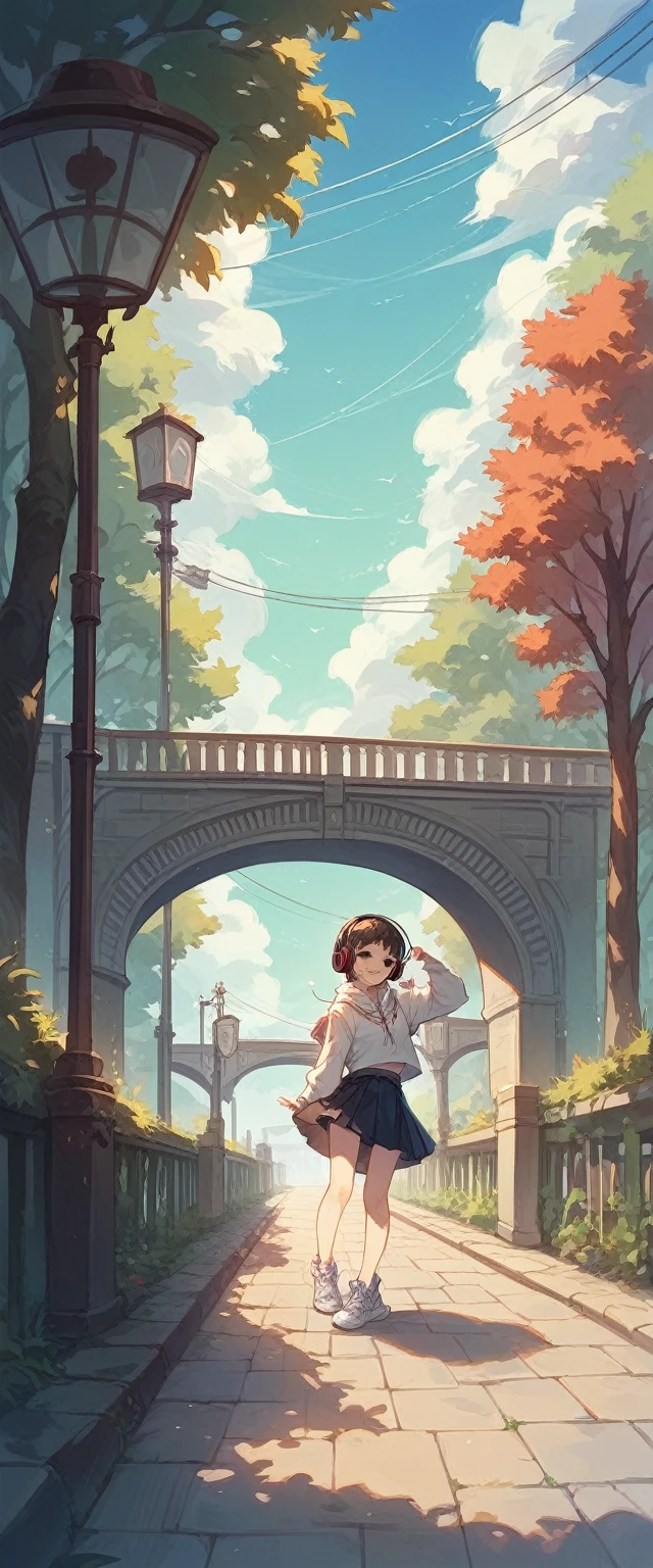 high school girl、Shortcuts、Headphones、LoFi、2D Animation、skirt and top, on bridge, daytime beautiful soft, white sneakers, enjoying view, another side looking,not close, distance, smile face, bridge with street light, daytime