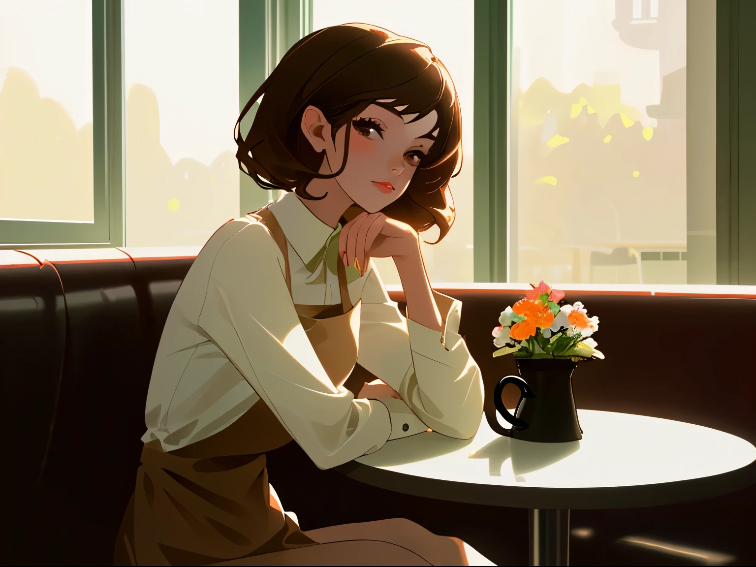 masterpiece, girl, wearing fashion casualwear, best quality, sitting in minimal cafe, beautiful face, warm lighting at the window, a cake and a cup of coffee on the table, flowers on the background