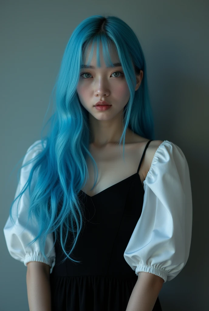 18 year old girl with long blue hair, korean, albino, heterochromatic eyes, pale skin, seductive, in a black dress paired with a bright white blouse, with a more elegant and sophisticated touch, something, which corresponds to her mysterious and strong personality. General, her appearance would be striking, attracting curious and intrigued glances, shy, cinematic lighting, chromatic aberration, Backlight, masterpiece, high detail, high quality, 4K.