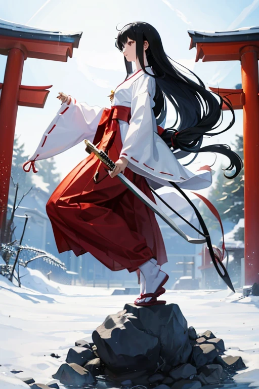 Shrine maiden,Black Hair,long hair,beautiful girl,Japanese、伝統的なShrine maiden服、No background、Full body portrait、anime、Holding a wooden sword、Black innerwear、
