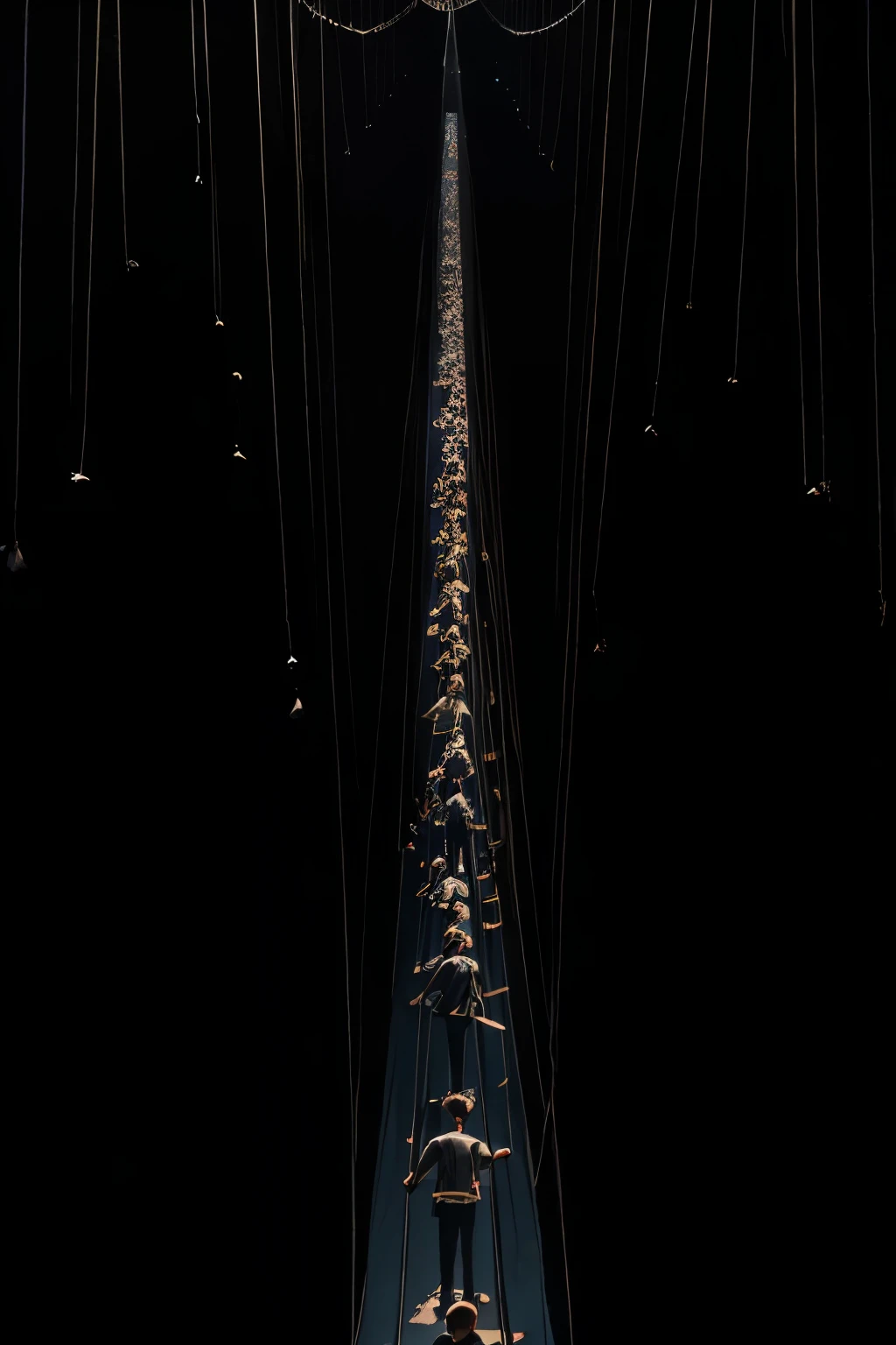 "A dark, symbolic image showing shadowy figures at the top of the frame, manipulating strings attached to smaller people below, like puppets. The figures represent power and control, while the people below represent those being influenced or controlled. The scene should be dramatic and thought-provoking, with a focus on the tension and imbalance of power dynamics."
