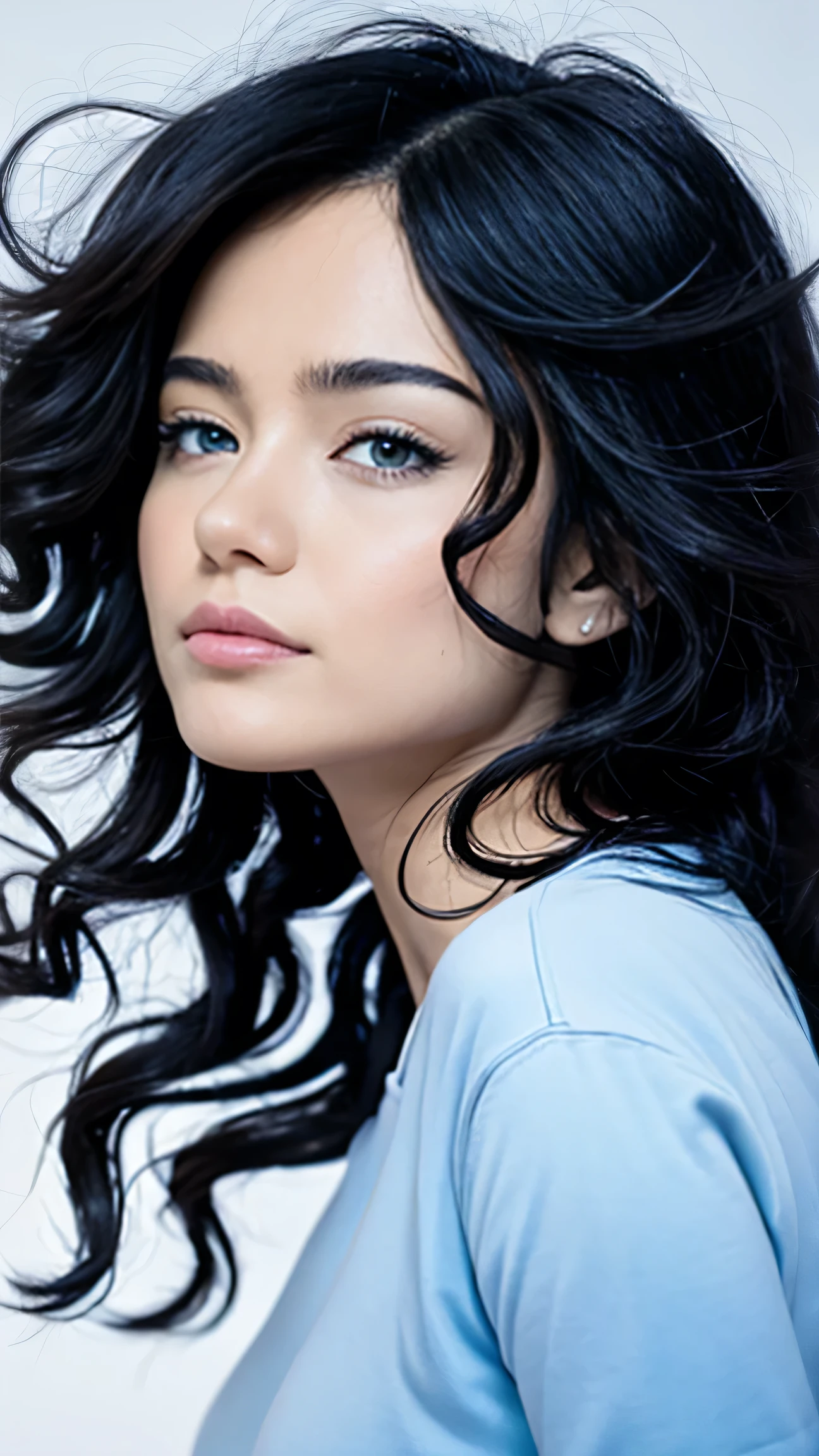 Black hair, anime, ghibli, anime style, close up, from side, first-person perspective, 8k, super detail, masterpiece,super detail, high quality, high resolution, high detail, white background, face detail, happiness, curly hair, blue eyes