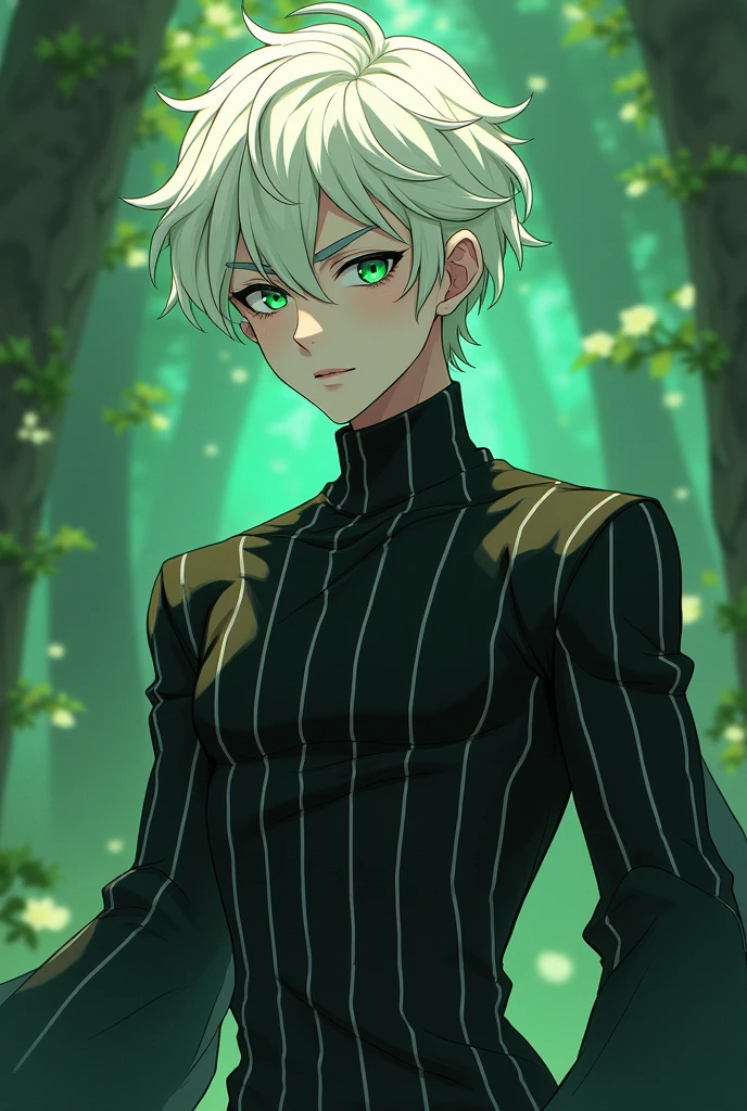 23 year old young adult with lime colored skin, albino, wavy white hair strong green pupils with light swirls, Black t-shirt with vertical white stripes with a long turtleneck and elegant long sleeves, in a less realistic anime style and that he is a man, that he looks more like an adult man 