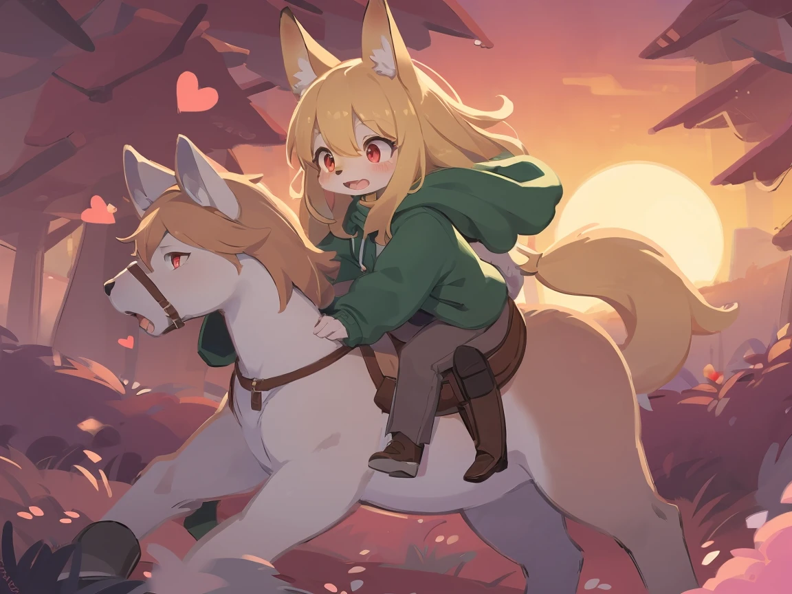 loli the fox, was hairy, shaggy, skin fur, smooth lashes, golden fur, forelimb hands, straight long blonde hair, solid circle eyes, golden ears, golden fur, golden facial fur, shiny hair, red eyes, heart-shaped eyes, super cute face, 1fox tail, fluffy tail, furry tail, glowing eyes, green coat green hood down, brown trousers, riding horse, open mouth, embarrassed, ultra-fine fur, dashed eyes, full body, masterpiece, pixiv, high quality, high-details, best quality, (((solo))), twilight, sun light, red sky, rim light