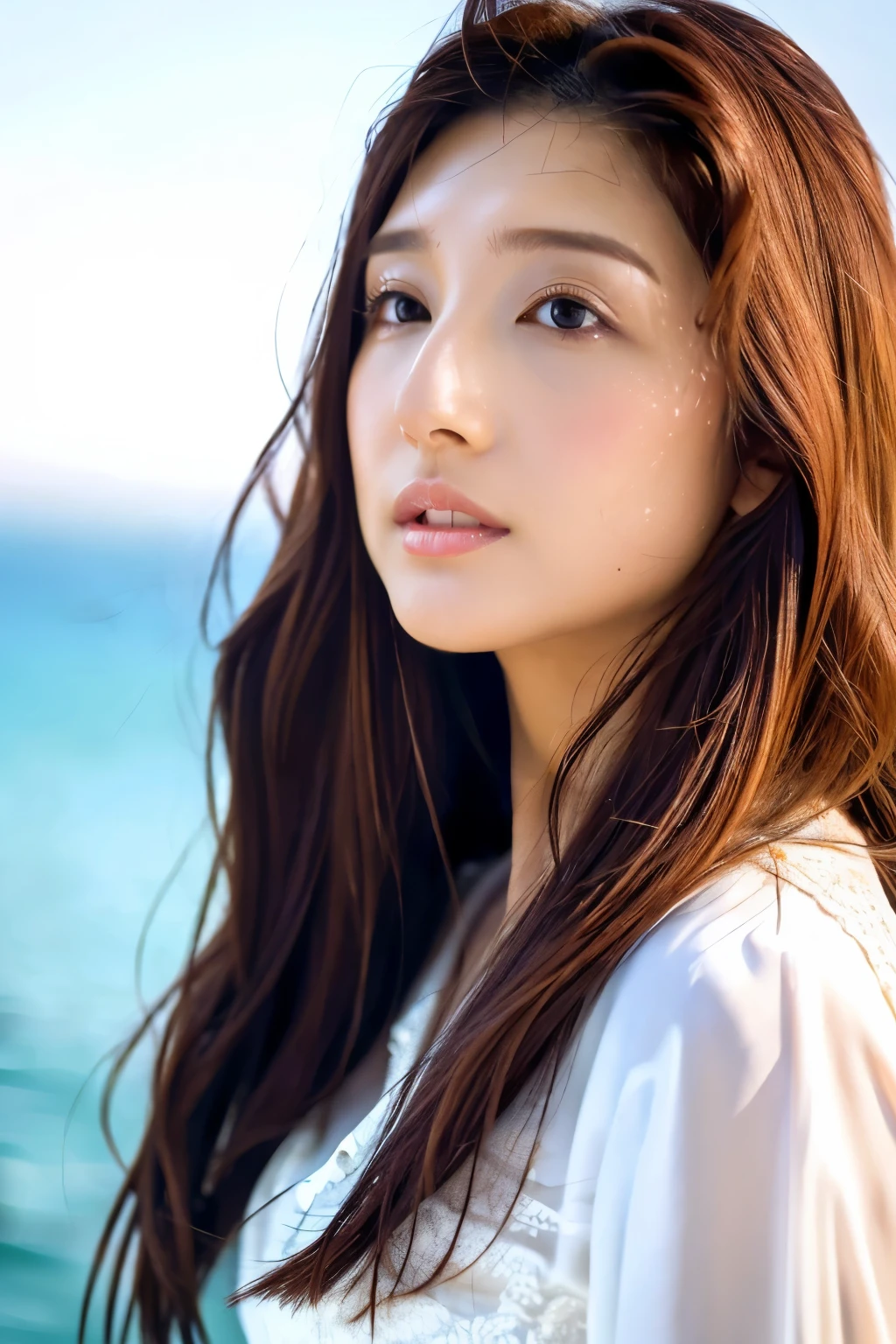 (Highest quality、masterpiece、8k、Best image quality、Hyperrealism、Award-winning works)、(White shirt with elegant lace and frills:1.1)、(Beautiful Hiroshi々とした砂浜にStanding Elegantly:1.2)、(Beautiful sea background:1.2)、Beautiful surf edge、(Beautiful sunny sky:1.1)、(Beautiful thunderclouds:1.1)、Standing Elegantly、Accurate anatomy、Perfect Makeup、Long eyelashes、Glossy Lips、Ultra HD glossy skin、Ultra-high resolution,Beautiful skin、超高精細のGlossy Lips、Close-up of face、(Expressionless:1.2)、Long Hair、Expose your forehead、nose、高いnose
