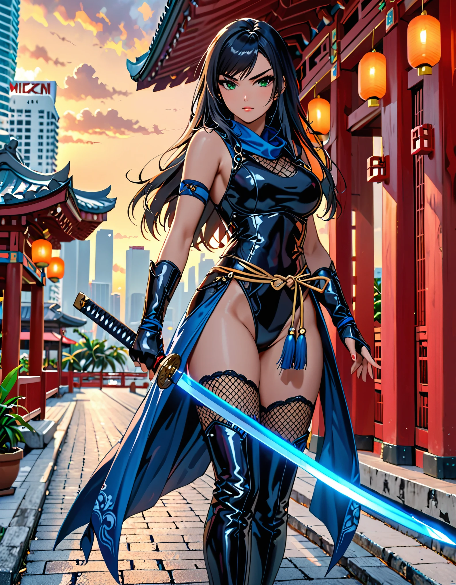 (masterpiece), (best quality), (high res), 1girl, highly detailed, professional, ninja, kunoichi, green eyes, beautiful detailed eyes, beautiful detailed face, perfect hands, complete fingers, (black wristbands), perfect anatomy, perfect proportions, (raven black hair, long hair, swept bangs), (black leotard, matching leotard, fishnets, sleeveless), (bare legs), (boots, matching boots, thigh boots, blue boots), breasts, medium breasts, full body with costume, looking away, (holding sword, katana), v-shaped eyebrows, solo, solo focus. cowboy shot, miami city backdrop, east asian architecture, outdoors. noir atmosphere.