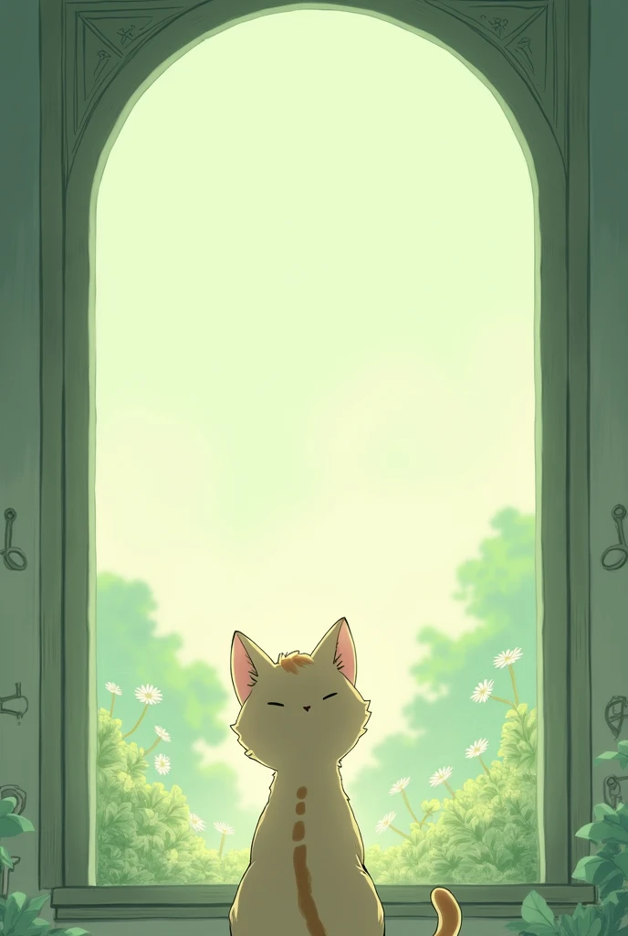 Anime cat looking out the window light green theme