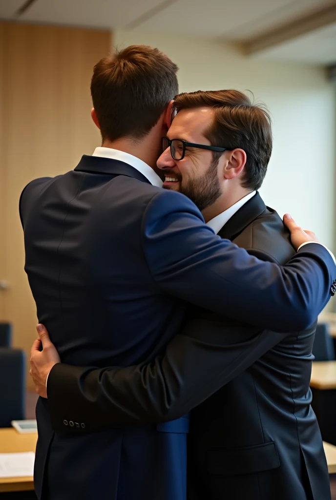 Suits, men, two people, brown hair, black hair, whole body, hug, office, glasses, dress shirt, hugging, seminar