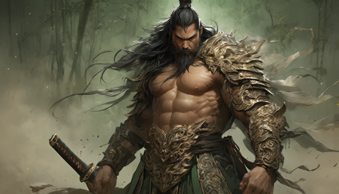 line art drawing comic a perfect handsome male, clear face, Male in his 50s,muscle, Ancient Chinese Armor,topless, black hair, long beard, ((whole body)), fine particles, detailed face,Perfect handmade details,big sword,fury,flame,
Gibbs (profound,Bamboo flooring,방fury유리 패널 브라운안 모션,Diagonals,Ceiling angle,Dust storm,Superfluid,ball,oval ,Flowing magic:1.0)| cavalry, (vibrant,irradiate,fan,cycle,Emerald green,Chrome Yellow Stone,dazzling,shining ,Liquid crystal,cosmic dust,Teleportation,The magic of dotted lines:1.0) 정fury 주문, Trace symbols on parchment with a quill pen.., Make your order accurate, Astral Sparkle, Simple positive XLv1, ultra high resolution, wallpaper, 8k,Rich texture detail, Height, A magnificent composition, . graphic illustration, 만fury 예술, graphic novel art, vibrant, very detailed . professional, elaborate, modern, minimalist, graphic, line art, vector graphics, The color of the clothes is a forest-like color.. I have a long beard. Put on clothes without taking off your top.. Ancient Chinese clothing