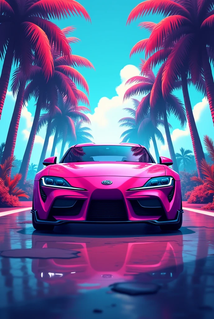 Create a pink logo for a game called hype with a car called Lancer with some coconut trees in the background
