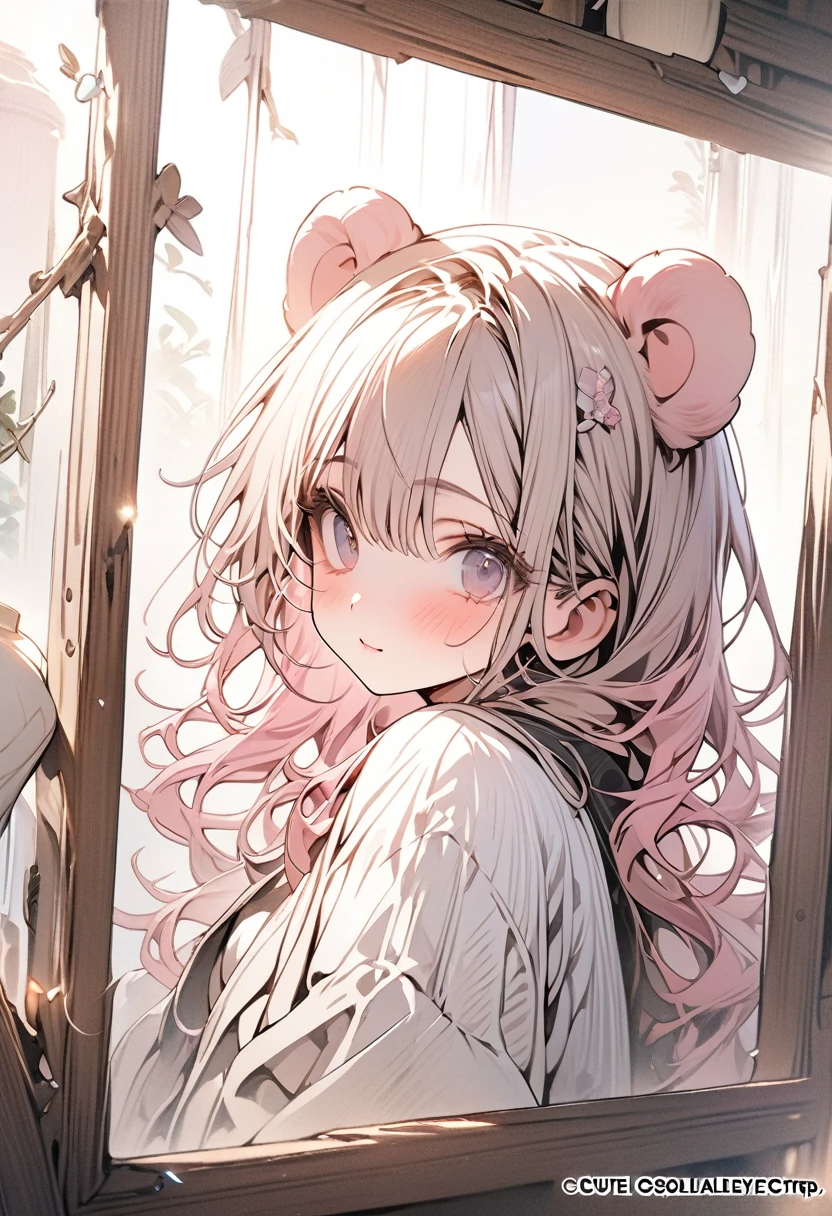 (masterpiece, highest quality, highest quality, official art, beautiful and aesthetic,1 girl,:1.5), (Maximum softness:1.2),(cute illustration:1.5),(1 girl: 1.3), Viewers are watching, (pink long hair),(pink bear ears),pink long hair,high quality, ((simple background)),
