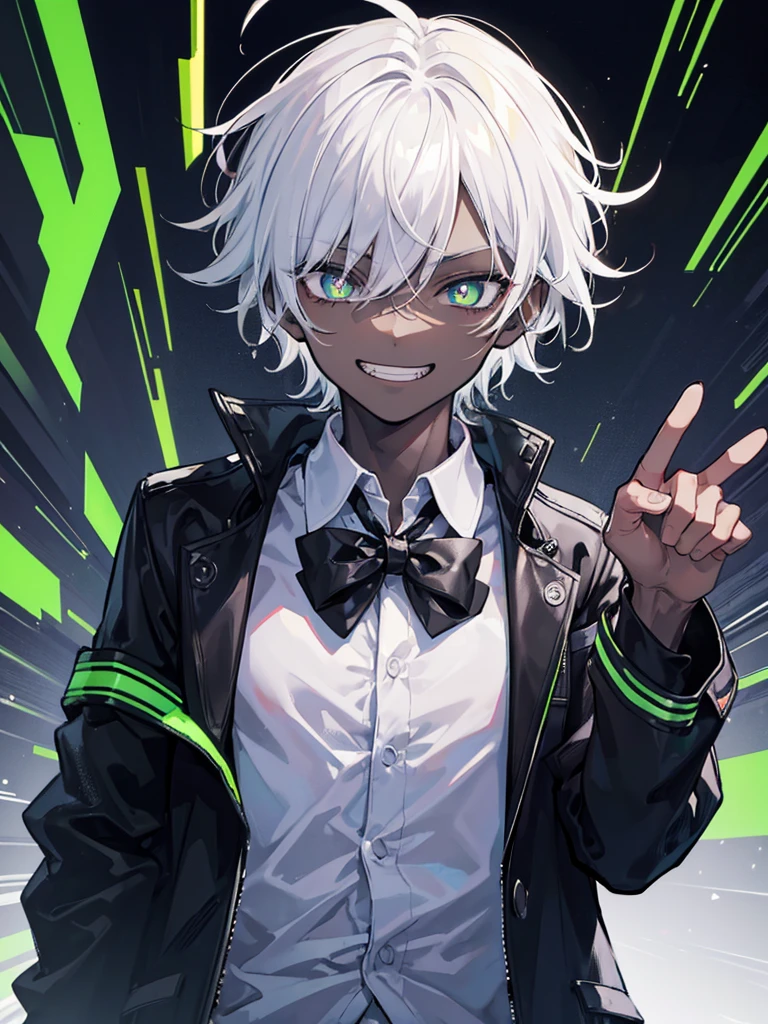 1boy, solo, a man in a black jacket with a smug grin reaching his hand out about to grab the viewer emitting static electricity from his body, dark skin, Short hair, white hair, green pupils, luminous pupils, grin, sadistic grin, crazy eyes, black background, male focus, black jacket, white inner shirt, static electricity, cyberpunk 