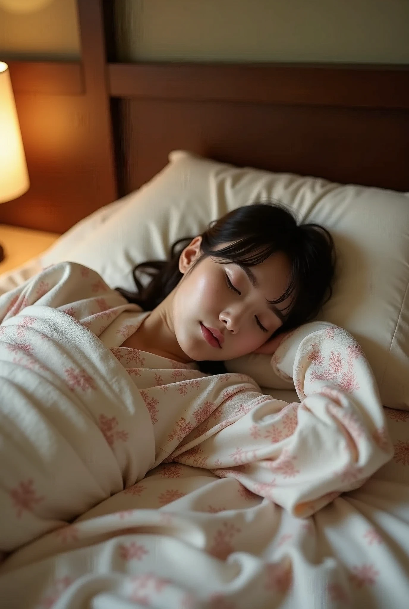 A very cute face like an idol、like々A 20-year-old woman with a cute face、Gentle and cute、(((Japanese Yukata)))、(night)、(((Japanese-style room futon in a Japanese inn)))、(((Lying down and fast asleep)))、((、I can see your thighs))、((Full body portrait))、RAW Photos、Genuine、High resolution
