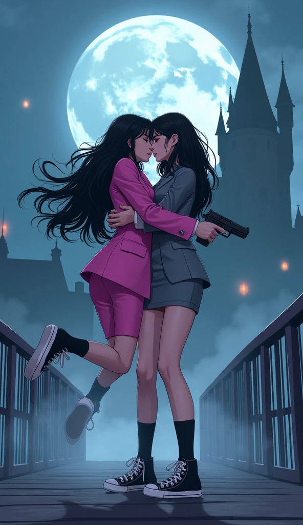 Two girls, long black hairs, yuri
(The first girl wear a pink suit, black shirt, pink cap, pink pencil skirt, black underpants, black tights, white socks, pink sneakers high top)
(The second girl wore a grey suit, black shirt, grey cap, grey pencil skirt, black underpants, black tights, white socks, grey sneakers high top)
Holding a one handguns, angry eyes and smiled, running on foggy bridge of the vampire castle, fantastic night moon sky, novel cartoon, 4K, HD