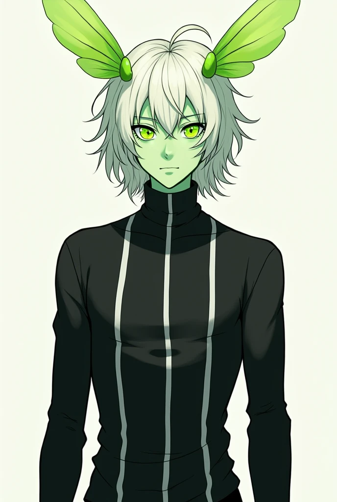 23 year old young adult with lime colored skin, albino, wavy white hair strong green pupils with light swirls, Black t-shirt with vertical white stripes with a long turtleneck and elegant long sleeves, in a less realistic anime style and that he is a man, that he looks more like an adult man, that has alien antennas similar to those of a green bee.