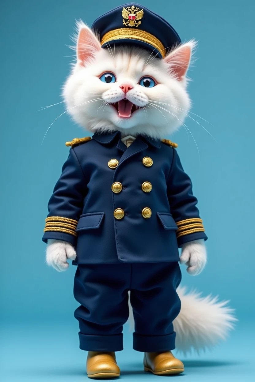 on a pure blue background, the cat stands on its hind legs,White fluffy, dressed in a pilot&#39;s uniform,in a dark blue suit buttoned with four gold buttons in two rows, The jacket&#39;s square lapels extend into a stand-up collar, there are slit pockets on the sides, one-seam sleeves in exact, on the bottom there is a gold gallon in four rows near the wrist with four buttons, classic straight cut trousers with creases, the length reaches, front zip fastening, pilot's cap worn on the head, The top of the cap is made of blue fabric. Two rows of gold twisted cord run over the visor, blue trim, rigid frame, woven gold cord, The headwear is complemented by a brim and a cockade with the symbols of Russian aviation, Gold Shoes,   White fluffy cat, like an ermine, with blue doll eyes, black eyelashes, Mouth open in a smile,  