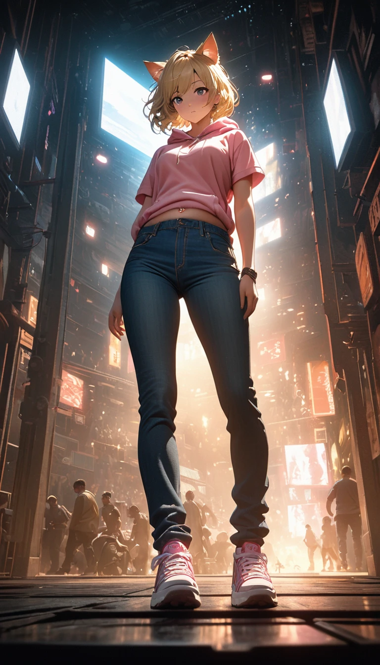 Blonde Hair、Short Hair、Cat ears of the same color as the hair、Plain pink short sleeve hoodie、Denim hot pants、Belly button、sneakers、Pure white background，Depth of written boundary，Low angle view，Calf Level View，Overclocked Renderer，Cinema Lighting，Ultra-fine，Very detailed，complicated，Cinematic Perspective，CG Art，