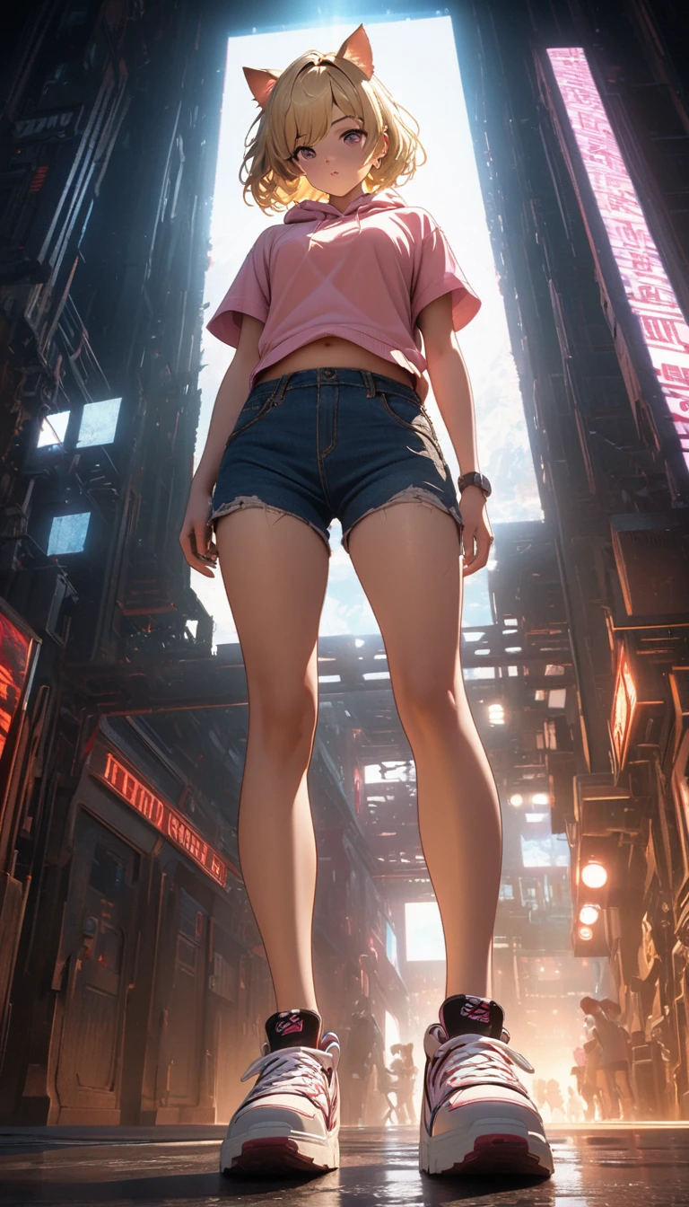Blonde Hair、Short Hair、Cat ears of the same color as the hair、Plain pink short sleeve hoodie、Denim hot pants、Belly button、sneakers、Pure white background,Depth of written boundary,Low angle view,Calf Level View,Overclocked Renderer,Cinema Lighting,Ultra-fine,Very detailed,complicated,Cinematic Perspective,CG Art,