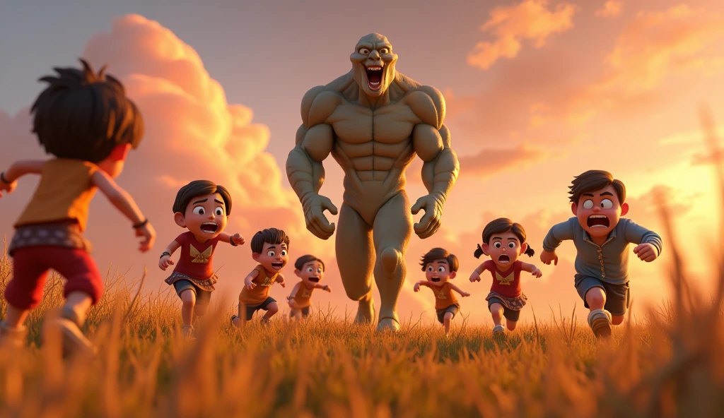 In cinematic 3D cartoon Style. Defeated Villains Fleeing: The defeated villains run away in fear, looking back at the snake and Ramü. The field is safe, and the fire is extinguished, with Ramü and the snake standing tall together.