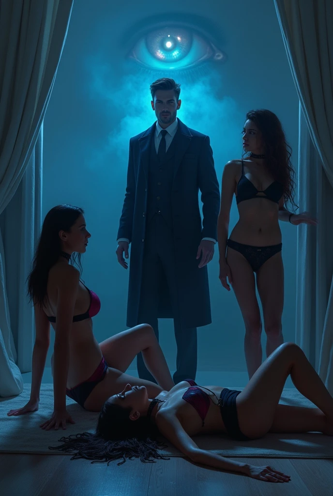 A ( handsome man , black suit , Magical glowing blue eye,
Two girls in bra and panties on their four in dog pose collor around neck on floor