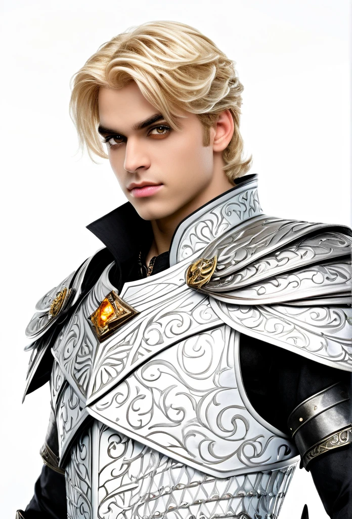 highest quality, masterpiece, Ultra-high resolution, White Background, Realistic, Hades Style, Withdrew from the 16-year-old prince on the battlefield, Short blonde, Amber Eyes, Prince's Armor, Cape, Depth of written boundary
