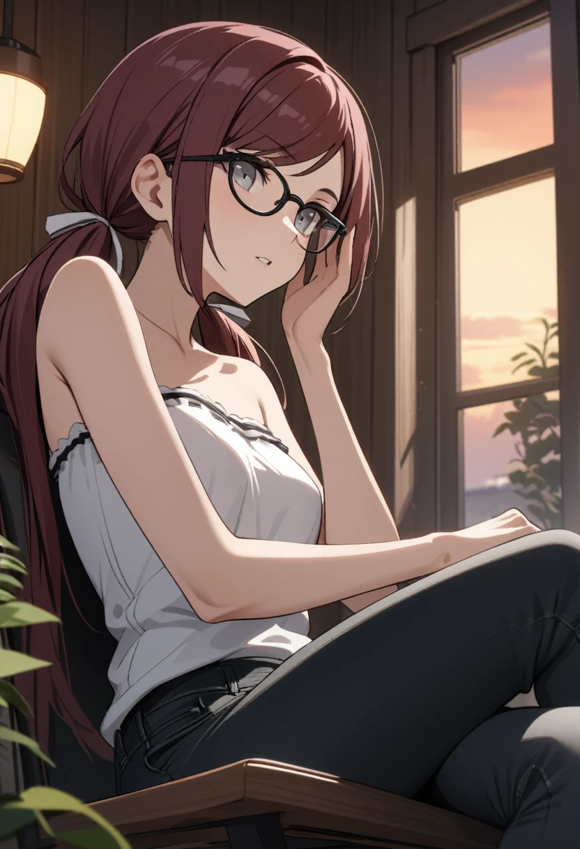 (masterpiece, best quality), stoic, adjusting glasses, holding book, beautiful face, upper body, close up, Gray eyes, dark red hair, swept bangs, low twin tails, white ribbons, glasses, strapless gray shirt with white trim, black jeans, small breasts, sitting with legs crossed, hand on face, from below, chair, wooden walls, window, potted plants, dusk,