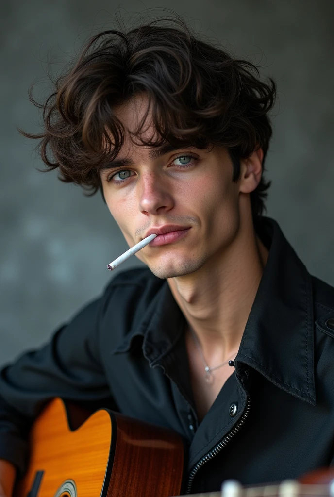 a 19 year old american dude with a messy curly fringe medium length hair, blue eyes, clean shaven, fit body and his face resembles Taeyung from BTS and Elvis Presley. He is playing the guitar while a cigarette in his mouth, and is having an evil smile