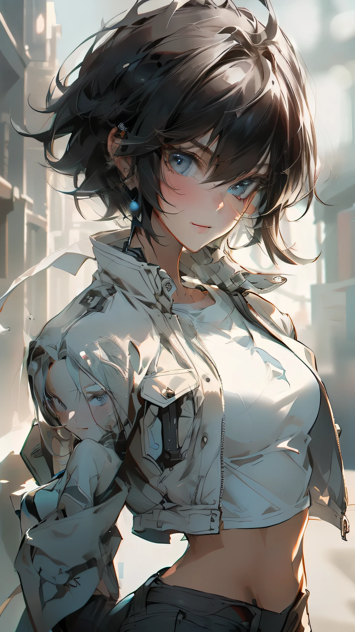 (masterpiece, best quality),Simple Details , thin, ((slim)), Beautiful girl, black short hair, White skin, light blue eyes, Sharp jawline, cropped jacket, messy hair, Lips, upper body, smile, front view