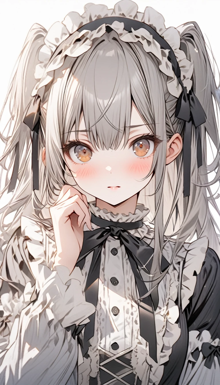 (Top image quality)、(ultra-detailliert)、(Facing the front)、top-quality、​masterpiece、(((1girl in)))、Lori、girl with、((greyt hair))、(flaxen hair)、Brown eyes、(Two-side-up)、Lolita、frilld、a black ribbon