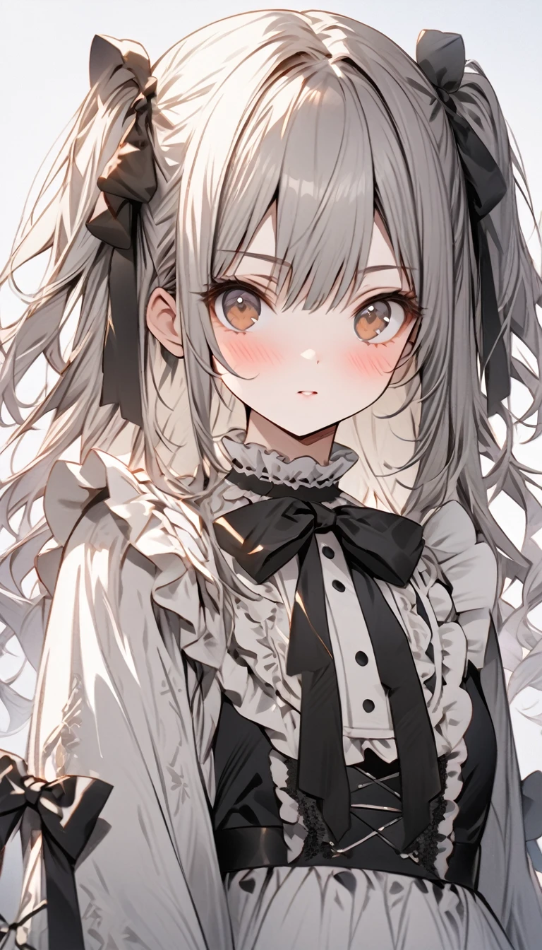 (Top image quality)、(ultra-detailliert)、(Facing the front)、top-quality、masterpiece、(((1girl in)))、Lori、girl with、((greyt hair))、(flaxen hair)、Brown eyes、(Two-side-up)、Lolita、frilld、a black ribbon