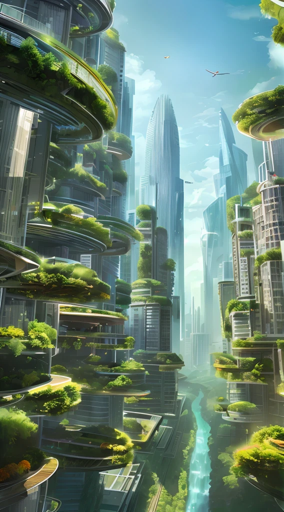 1970s scifi concept art, A sprawling cityscape where towering skyscrapers are interwoven with verdant vegetation and meandering rivers, birds flying freely among the buildings
