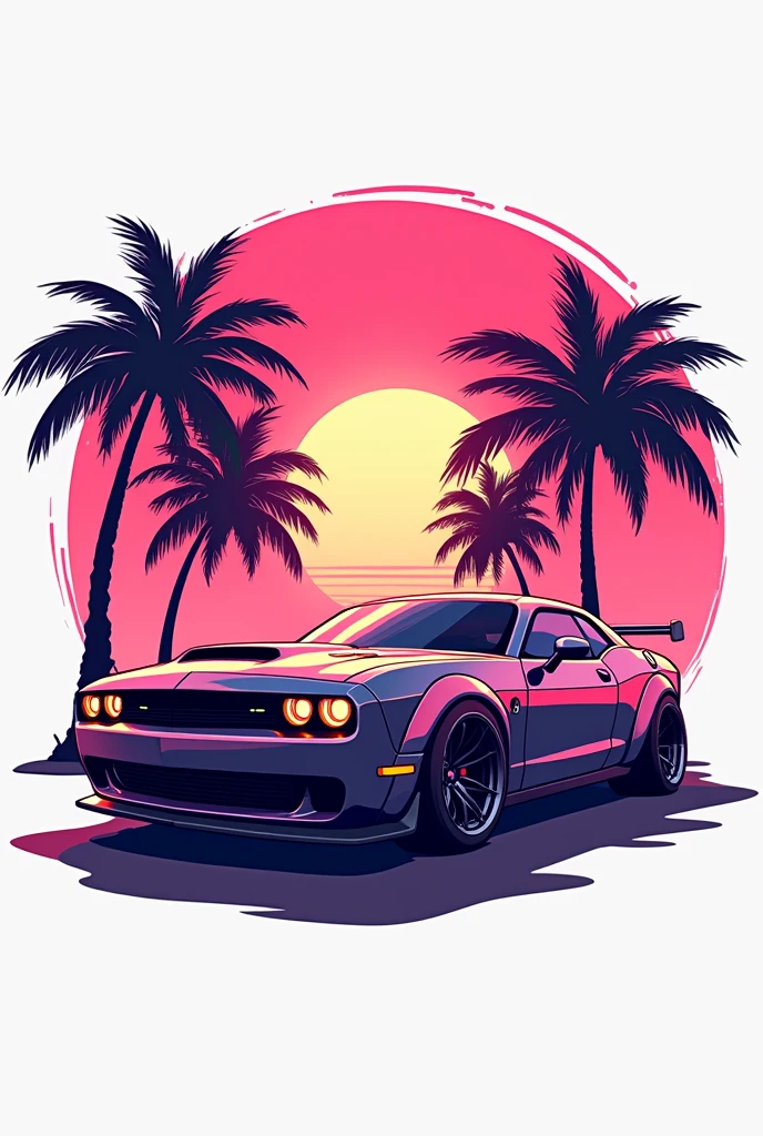 Create a pink logo for a game called hype with a car called Lancer with some coconut trees in the background