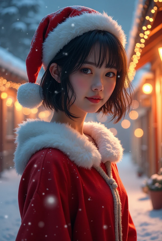A 25 year old japanese girl, detailed cutie face,cutie smile, balanced detailed eyes, detailed droppy eyes, extremely detailed face, slender body, short hair, (Santa Claus costume:2.0), snowy night town, (best quality,4k,8k,highres,masterpiece:1.2),ultra-detailed,(realistic,photorealistic,photo-realistic:2.0),HDR,UHD,studio lighting,ultra-fine painting,sharp focus,physically-based rendering,extreme detail description,professional,vivid colors,bokeh,fantasy,magical,whimsical,soft lighting,warm colors,digital painting