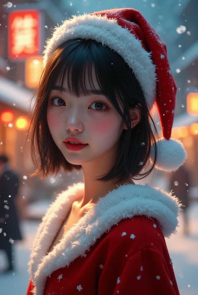 A 25 year old japanese girl, detailed cutie face,cutie smile, balanced detailed eyes, detailed droppy eyes, extremely detailed face, slender body, short hair, (Santa Claus costume:2.0), snowy night town, (best quality,4k,8k,highres,masterpiece:1.2),ultra-detailed,(realistic,photorealistic,photo-realistic:2.0),HDR,UHD,studio lighting,ultra-fine painting,sharp focus,physically-based rendering,extreme detail description,professional,vivid colors,bokeh,fantasy,magical,whimsical,soft lighting,warm colors,digital painting