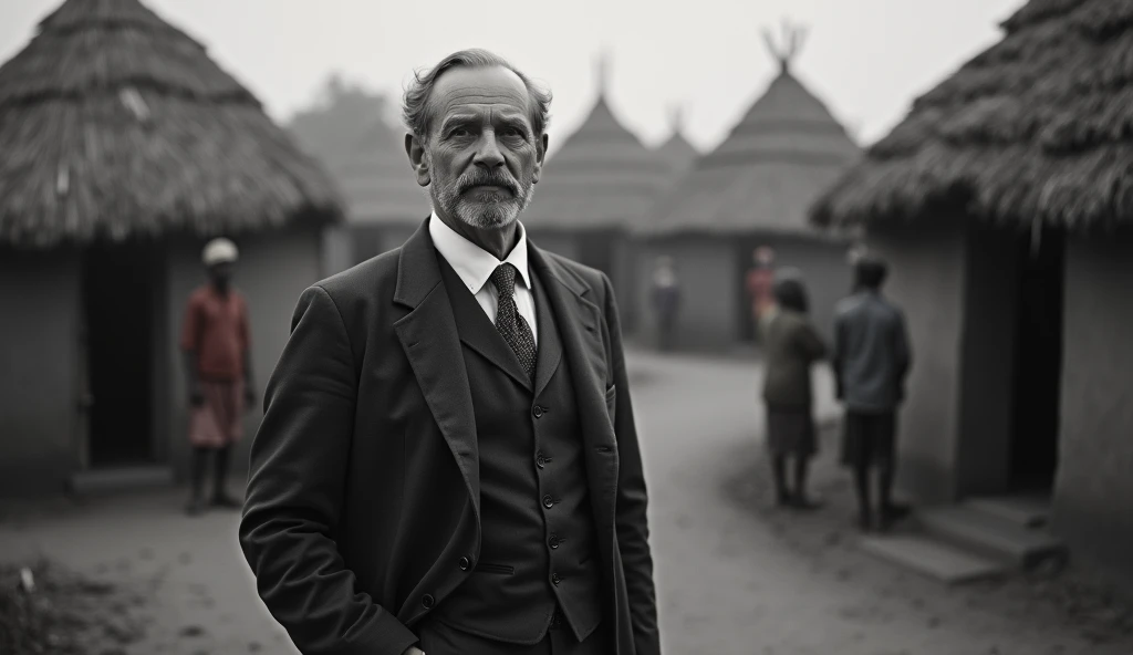 "C.F. Andrews, a British man in his late 50s or early 60s with neatly combed gray hair and a well-groomed beard, walks through a remote Indian village. He is dressed in an early 20th-century three-piece suit with a tie, interacting with villagers who look at him with hope and gratitude. The village, with its thatched huts and sparse vegetation, is captured in dark tones, black and white, highlighting the stark contrasts between the simplicity of the village and the enormity of the struggle for freedom. Andrews' presence radiates empathy and determination in this challenging environment."