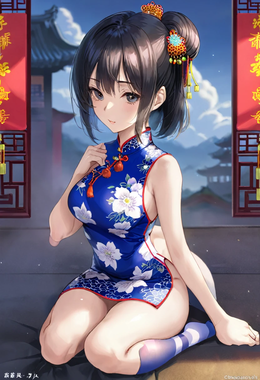 High resolution, 18 year old woman , good lighting, Negligible, , (no nudity), (((cheongsam of the east))),(socks),beautiful face, I&#39;I&#39;m embarrassed and blushing, humiliating, ((transparent)),transparent. Girl with long hair, black in color, blue colored eyes. with big breasts, slim with hips and ass, no belly.
