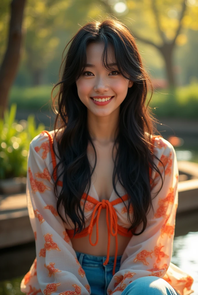 a beautiful small, Asian woman with long black hair, full body, sexy, detailed eyes, nose, and lips, wearing colorful, casual, modern outfit, sitting on a bench in a zen garden, pond with coy fish, smiling, golden hour, happy to be alive (best quality,4k,8k,highres,masterpiece:1.2),ultra-detailed,(realistic,photorealistic,photo-realistic:1.37),HDR, studio lighting, extremely detailed face and body, portrait, cinematic lighting, dramatic lighting, warm color tones, dramatic colors