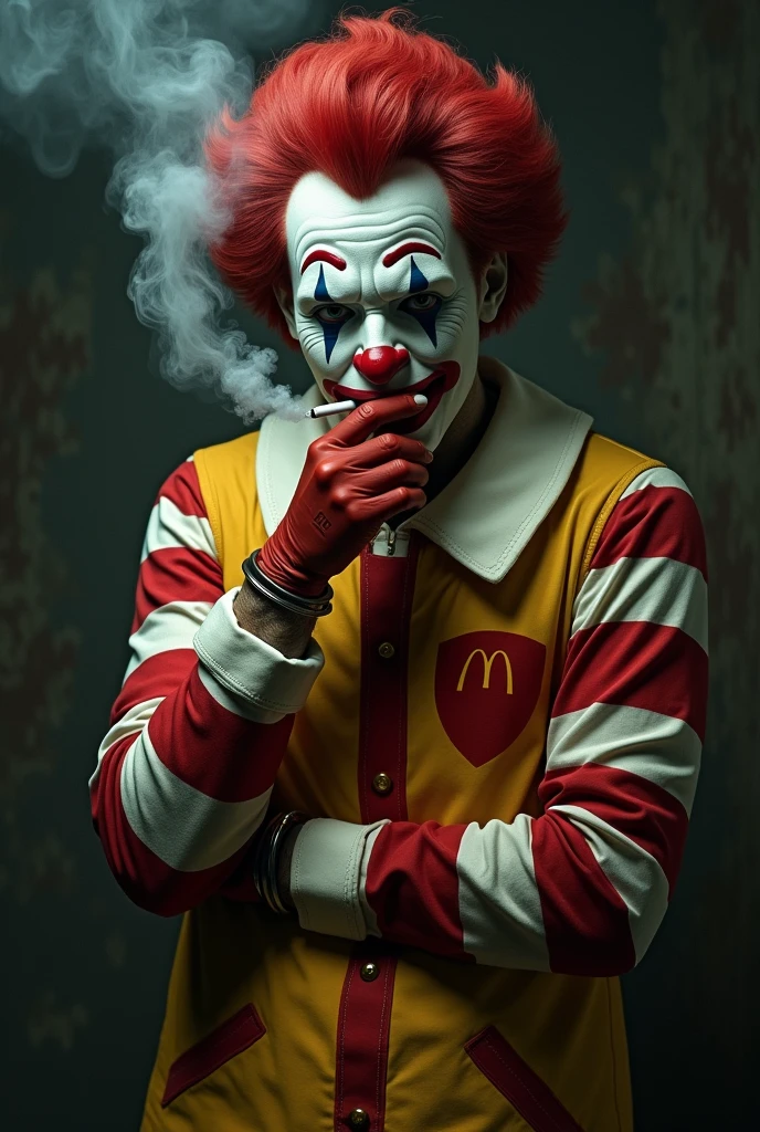 Ronald Mcdonald qui fume avec menotte à la main avec une tenue de prisonnier