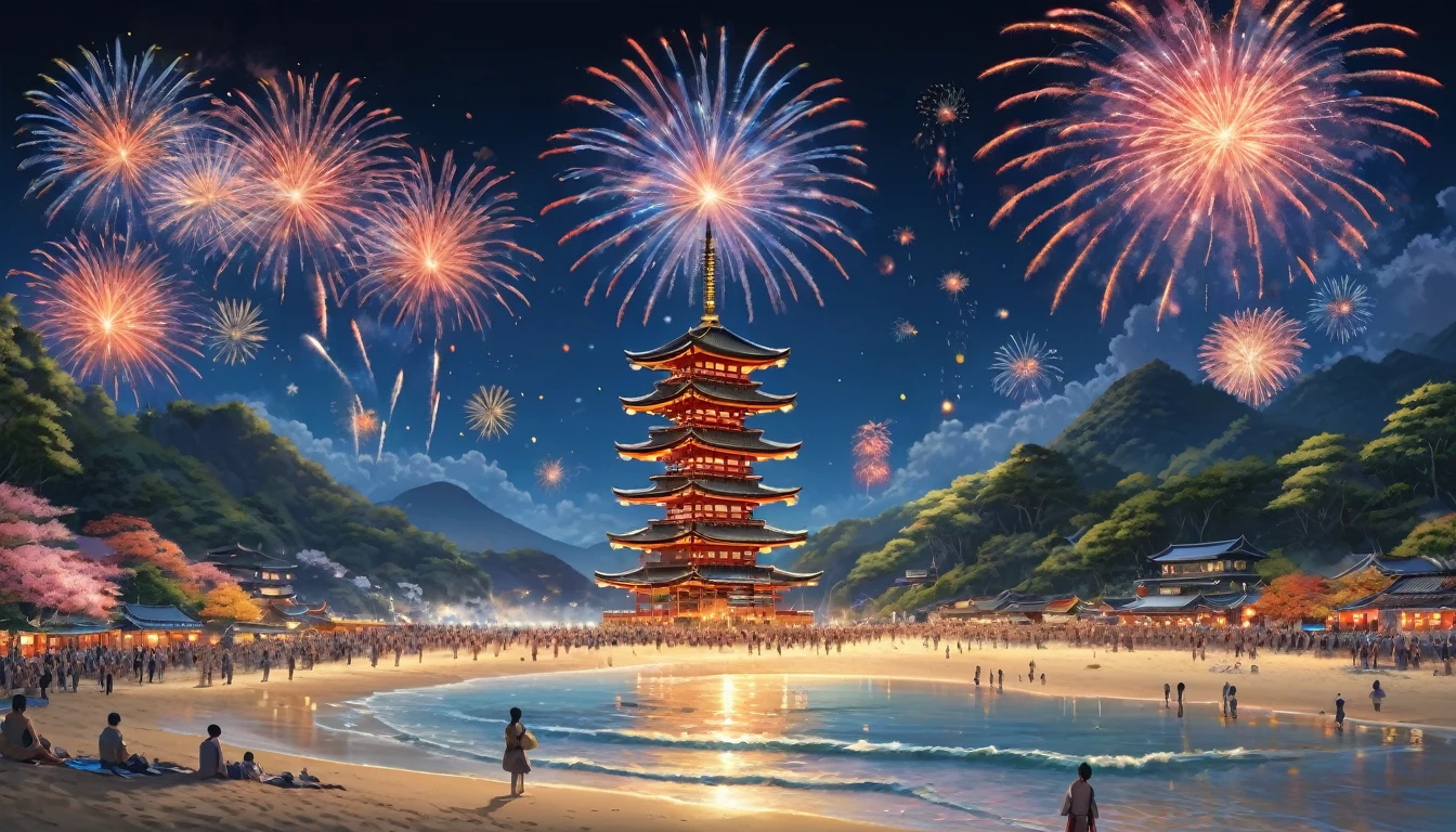 Summer festival on the beach, Ticker, firework, Japanese, Highest quality, masterpiece, Representative works, Official Art, Professional, Super intricate details, 8k