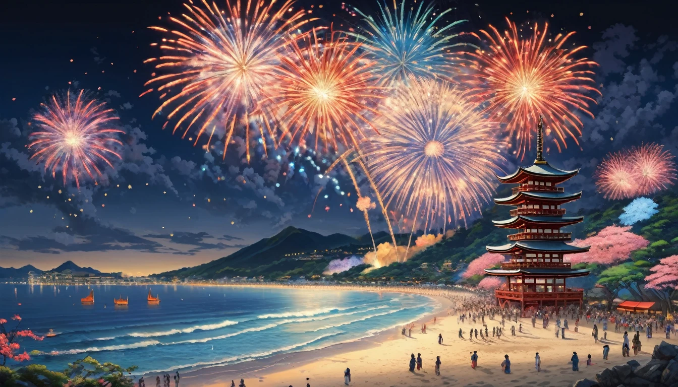 Summer festival on the beach, Ticker, firework, Japanese, Highest quality, masterpiece, Representative works, Official Art, Professional, Super intricate details, 8k