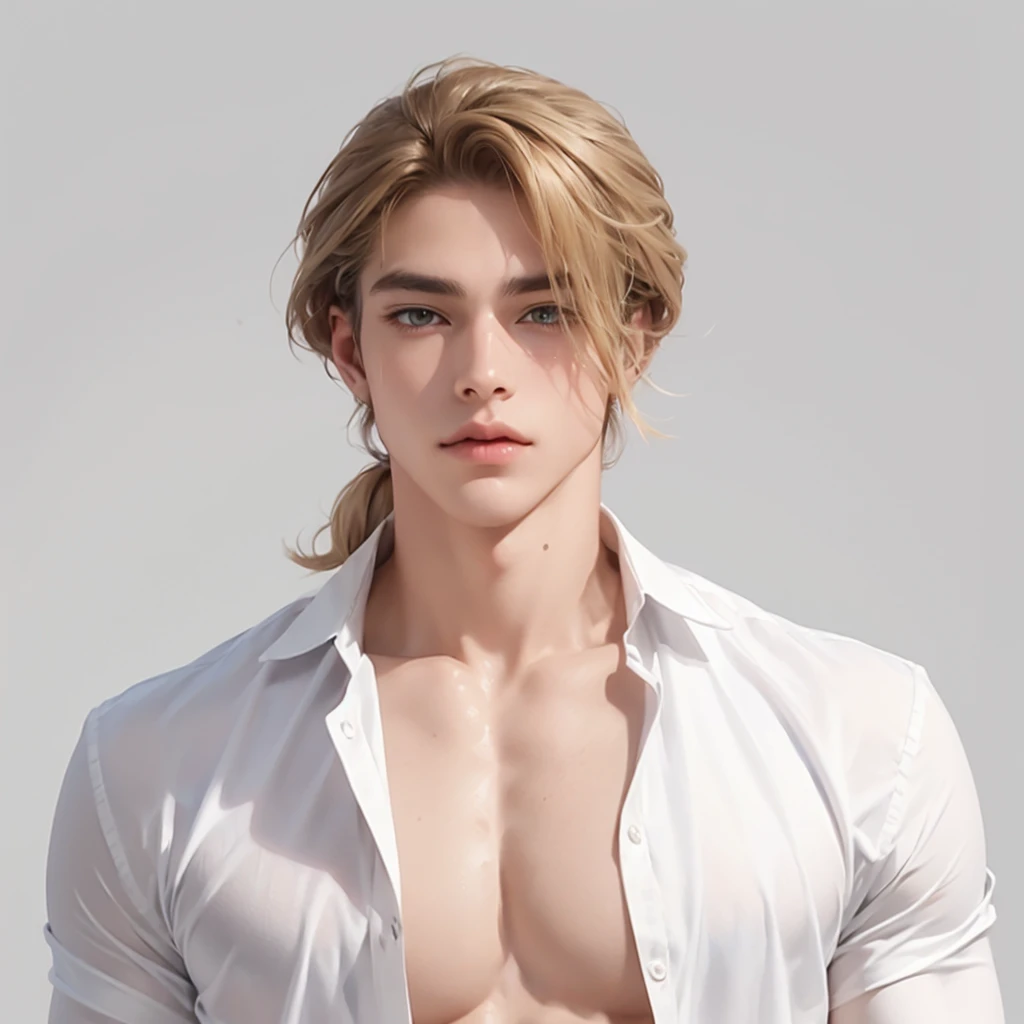 (No light and shadow environment:2),Soothing tones,Soft colors,A 23-year-old European and American model,(Shut up:1.5),(Hair sticking to scalp:1.5),Golden brown slightly curly shoulder-length hair,Ponytail hairstyle,Middle parting hairstyle,Edward Furlan,blond,With a melancholy expression,Blonde curly hair,male,White background,High Detail,male焦点,Abdominal muscles,Chest muscles,White shirt,Looking at the audience,