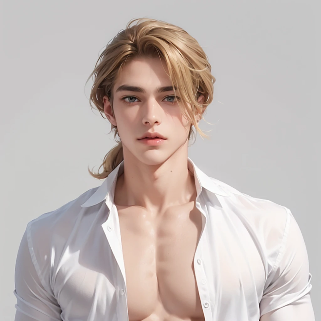(No light and shadow environment:2),Soothing tones,Soft colors,A 23-year-old European and American model,(Shut up:1.5),(Hair sticking to scalp:1.5),Golden brown slightly curly shoulder-length hair,Ponytail hairstyle,Middle parting hairstyle,Edward Furlan,blond,With a melancholy expression,Blonde curly hair,male,White background,High Detail,male焦点,Abdominal muscles,Chest muscles,White shirt,Looking at the audience,