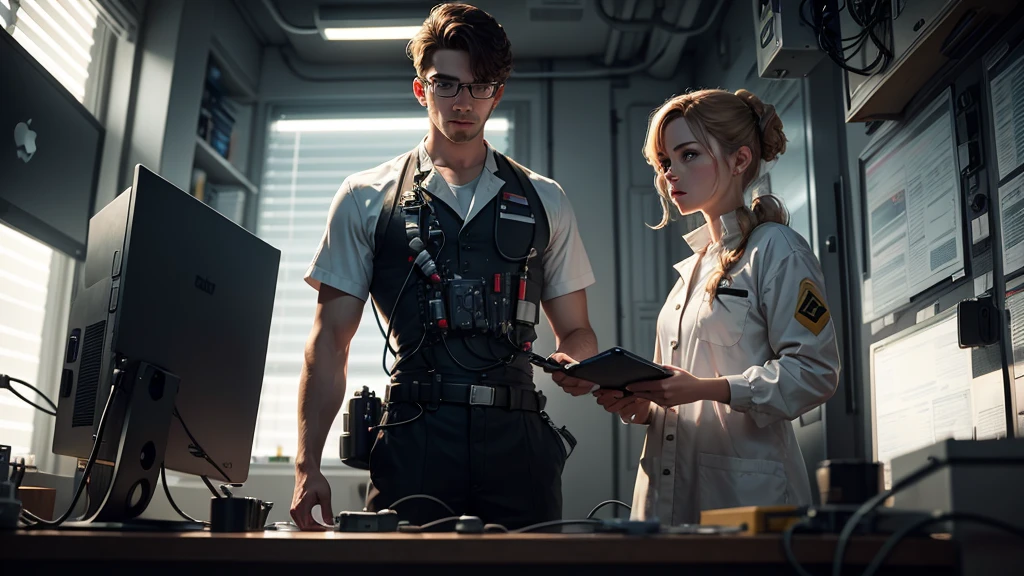 A technician&#39;s back，Technician manages server maintenance，Deep space background