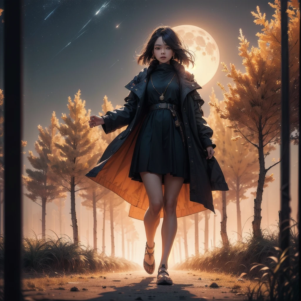 masterpiece, best quality, ((salina)), 4K,8K,style,masterpiece, Creating a Black Woman, at night long charge, ((Extremely detailed)), outdoor, night, nature, (Star, Full Moon), shadow, Compared, Clear skies, (style, (Film Grain: 1.3), (Warm colors, Warm colors): 1.2), Movie Lighting, Side Light, Ultra-high resolution, (最佳shadow), Raw, Walk, poetry,