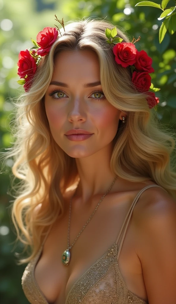Create a highly detailed and realistic portrait of a young Farrah Fawcett with long, wavy blonde hair adorned with red roses. She has striking, expressive eyes and a calm, composed expression. She is wearing a vintage-style outfit with a necklace featuring a pendant. The background is a soft-focus natural setting with warm, dappled sunlight filtering through the leaves, enhancing the serene and romantic atmosphere. The style should be hyper-realistic with a touch of romanticism. Photo Realistic photo, vibrant colors, 16k